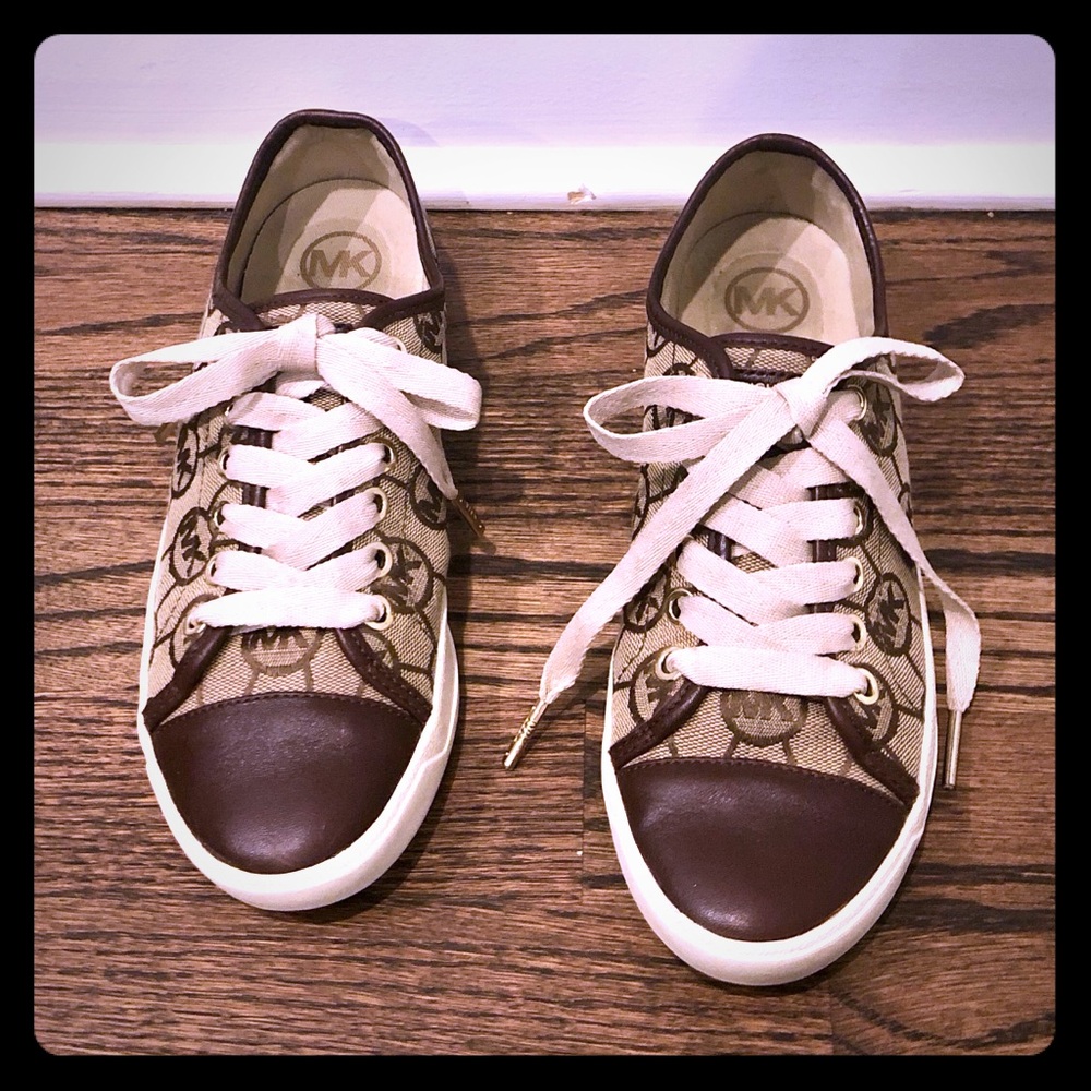 Michael Kors Brown Leather/Fabric Sneakers, Size 6